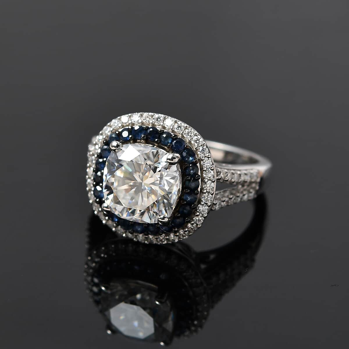 Moissanite and Kanchanaburi Blue Sapphire Double Halo Ring in Platinum Over Sterling Silver (Size 9.0) 4.60 ctw image number 2