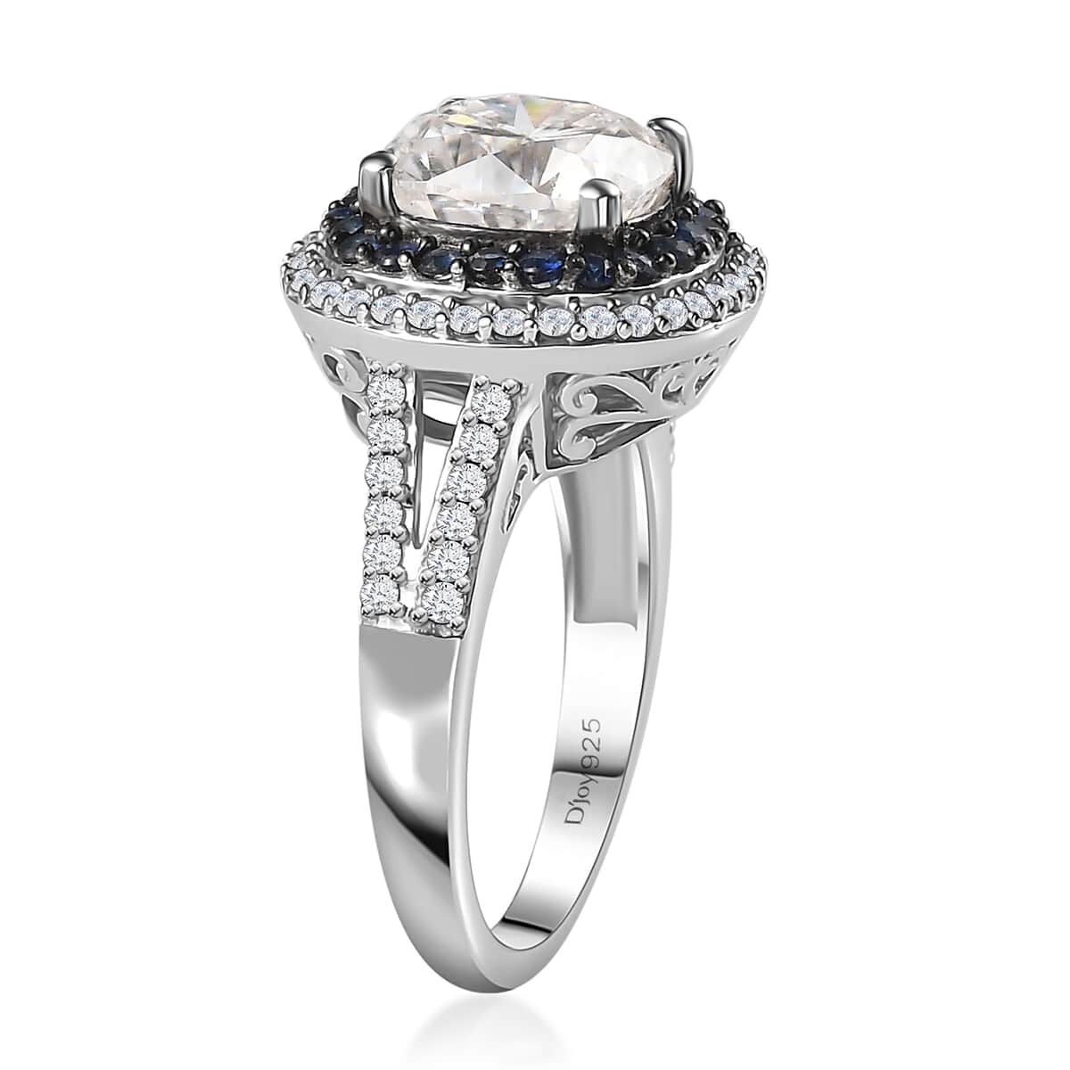 Moissanite and Kanchanaburi Blue Sapphire Double Halo Ring in Platinum Over Sterling Silver (Size 9.0) 4.60 ctw image number 4