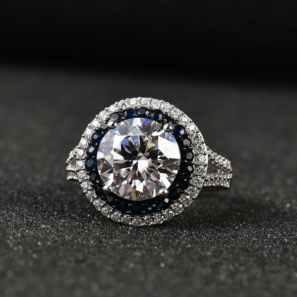 Moissanite and Kanchanaburi Blue Sapphire Double Halo Ring in Platinum Over Sterling Silver (Size 6.0) 4.35 ctw image number 1