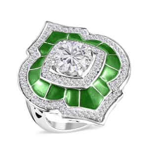 Moissanite 2.70 ctw and Green Enameled Ring in Platinum Over Sterling Silver (Size 5.0)