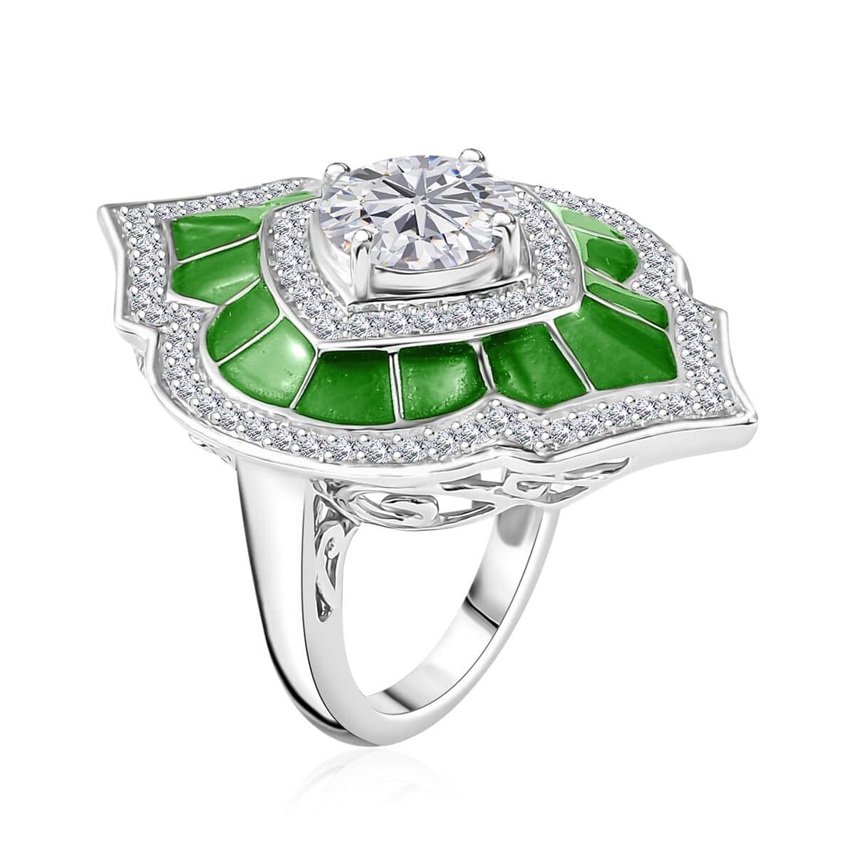 Moissanite 2.70 ctw and Green Enameled Ring in Platinum Over Sterling Silver (Size 5.0) image number 3