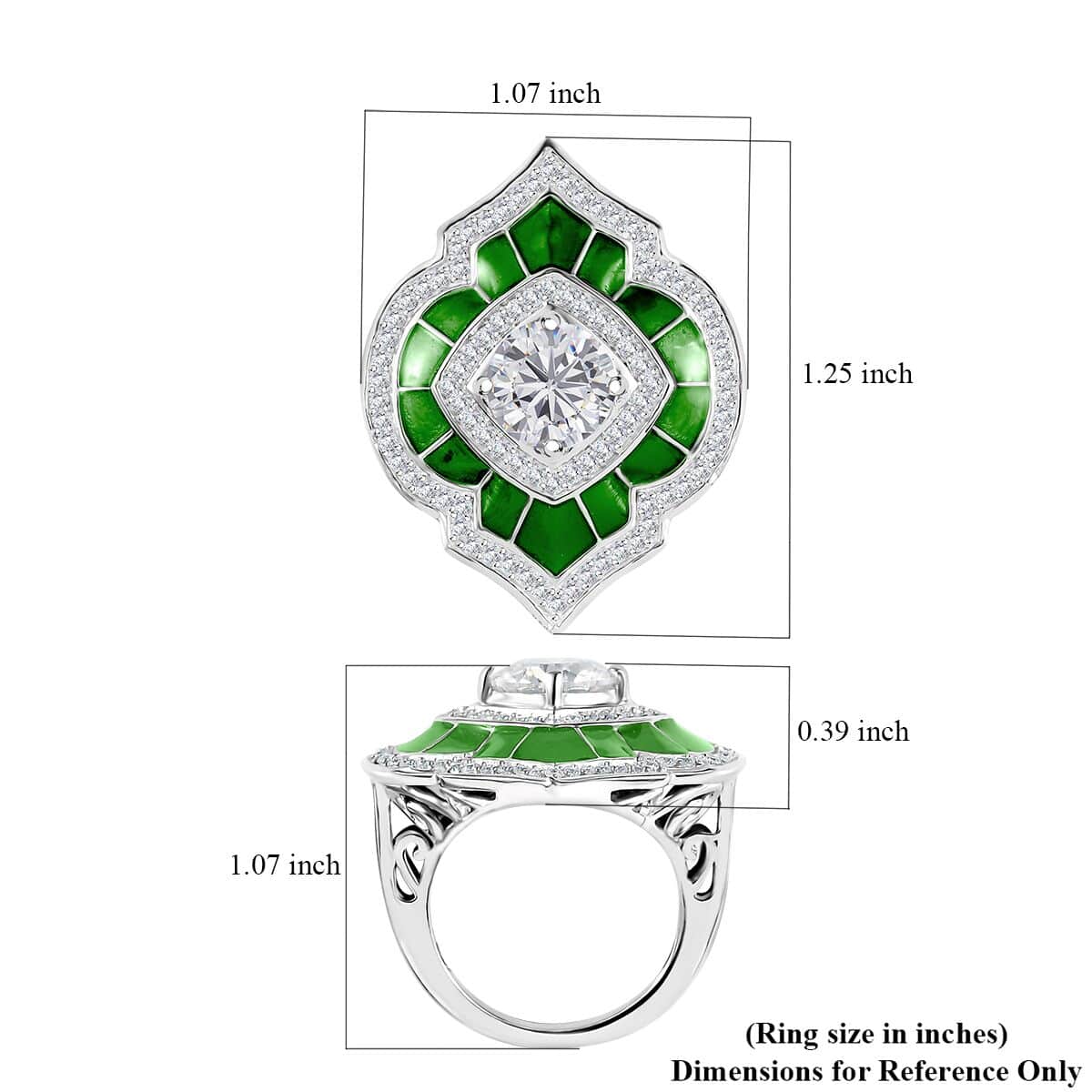 Moissanite 2.70 ctw and Green Enameled Ring in Platinum Over Sterling Silver (Size 5.0) image number 5