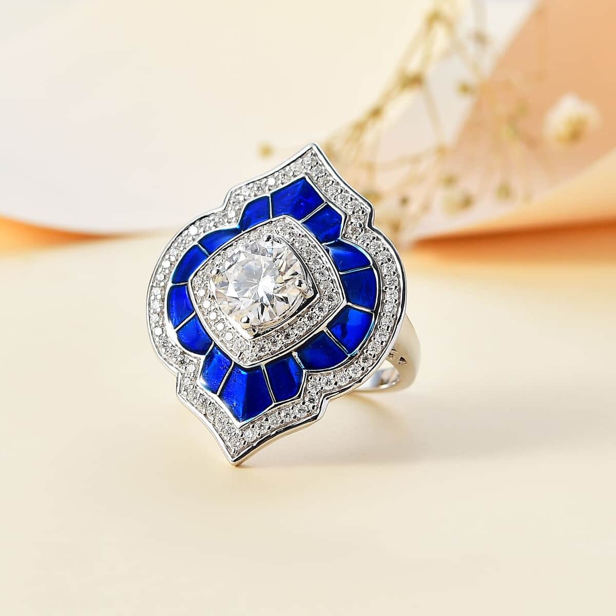 Moissanite 2.70 ctw and Blue Enameled Ring in Platinum Over Sterling Silver (Size 6.0) image number 1