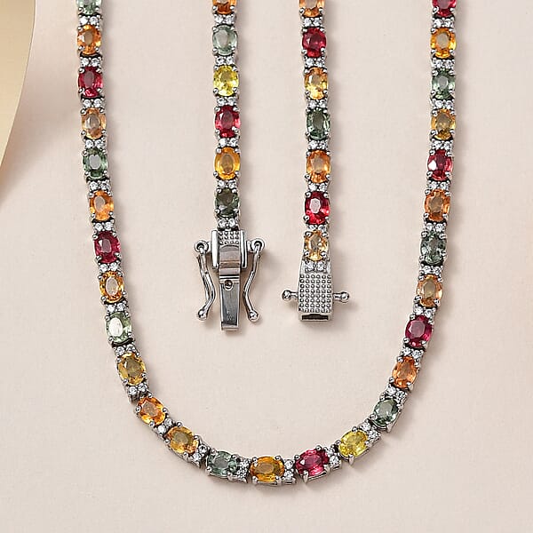 D'Joy Multi Sapphire and White Zircon Necklace 18 Inches in Platinum Over Sterling Silver 21.25 ctw