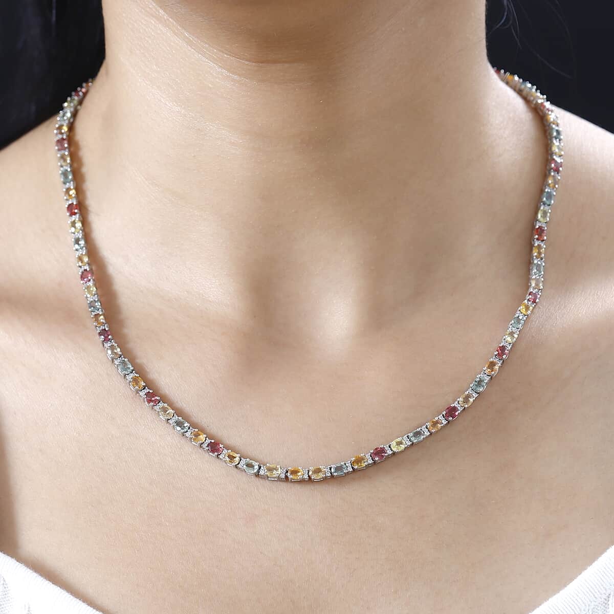 Multi Sapphire and White Zircon Necklace 18 Inches in Platinum Over Sterling Silver 21.25 ctw image number 2