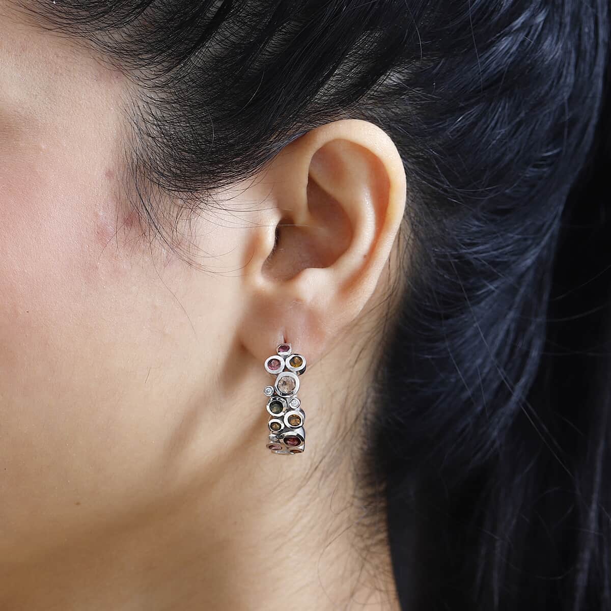 Multi-Tourmaline and White Zircon Bubble Earrings in Platinum Over Sterling Silver 3.35 ctw image number 2