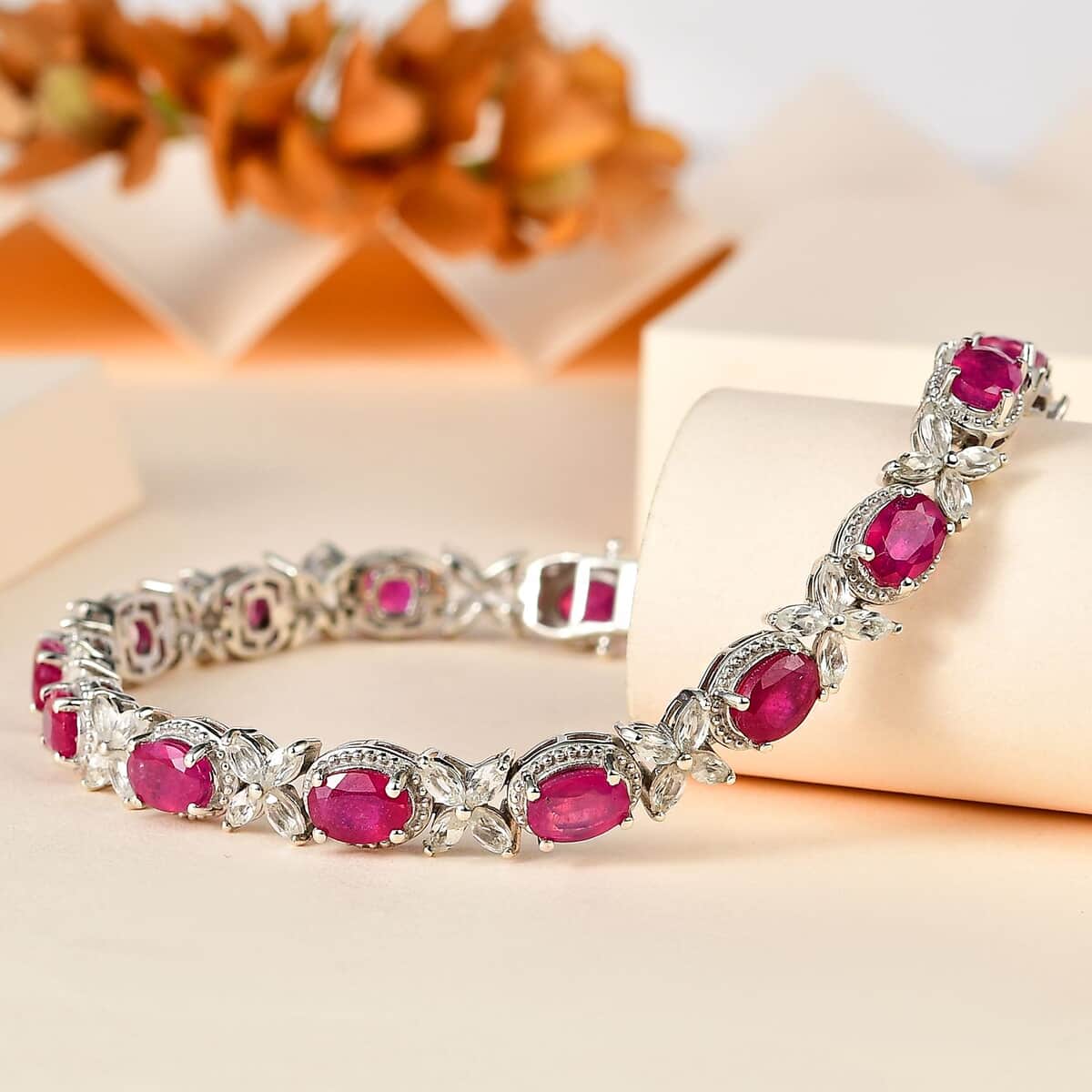 Niassa Ruby (FF) and White Topaz Bracelet in Platinum Over Sterling Silver (8.00 In) 21.60 ctw image number 1