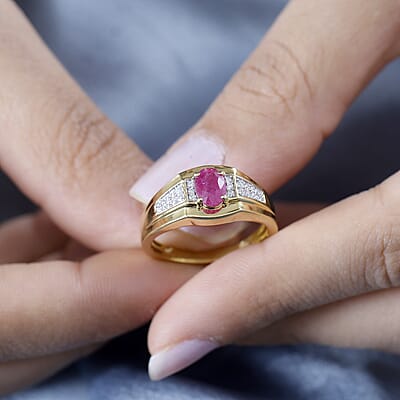 Mozambique Ruby and Moissanite Men's Ring in Vermeil Yellow Gold Over Sterling Silver (Size 10.0) 1.20 ctw