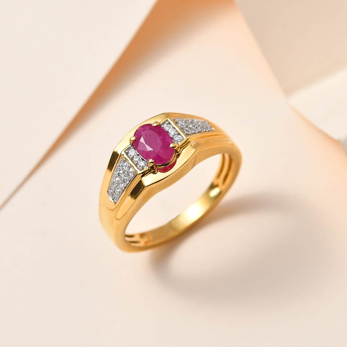 Mozambique Ruby and Moissanite Men's Ring in Vermeil Yellow Gold Over Sterling Silver (Size 13.0) 1.20 ctw image number 1