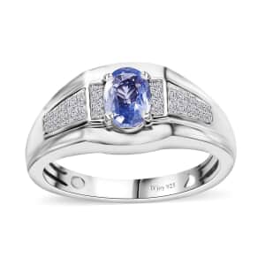 Ceylon Blue Sapphire and Moissanite Men's Ring in Platinum Over Sterling Silver (Size 10.0) 1.20 ctw