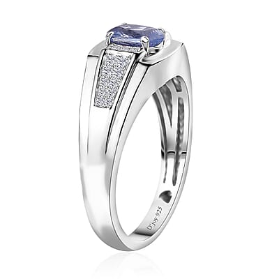 Ceylon Blue Sapphire and Moissanite Men's Ring in Platinum Over Sterling Silver (Size 10.0) 1.20 ctw