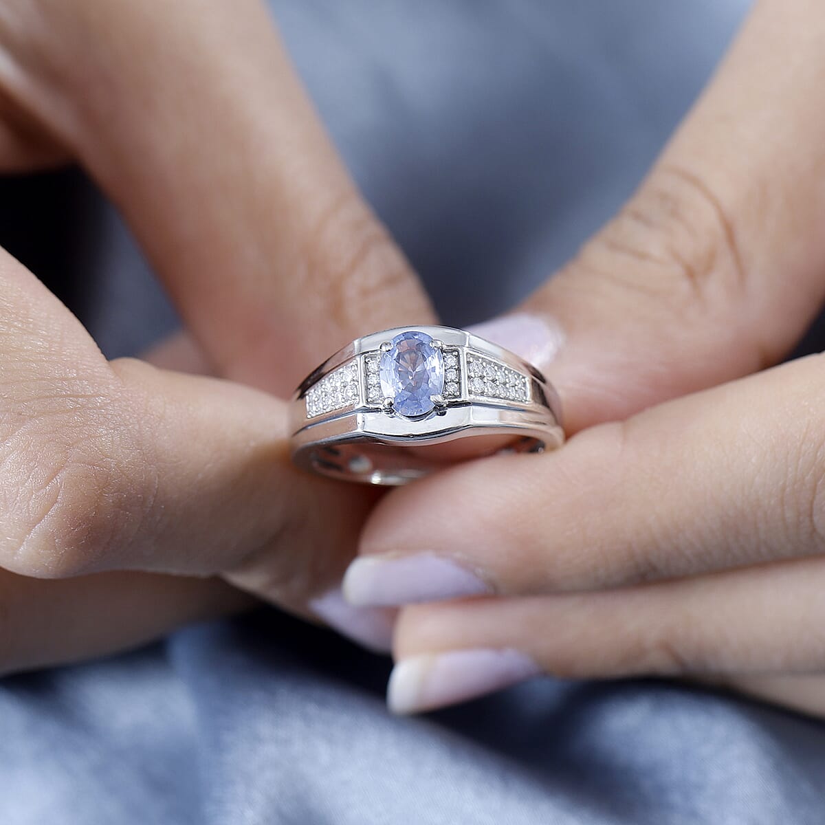Ceylon Blue Sapphire and Moissanite Men's Ring in Platinum Over Sterling Silver (Size 11.0) 1.20 ctw image number 2