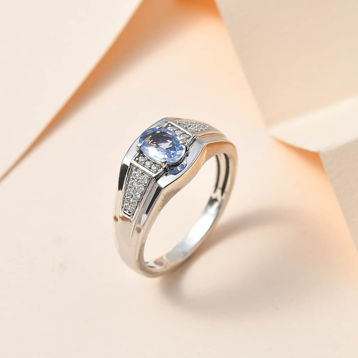 Ceylon Blue Sapphire and Moissanite Men's Ring in Platinum Over Sterling Silver (Size 14.0) 1.20 ctw image number 1