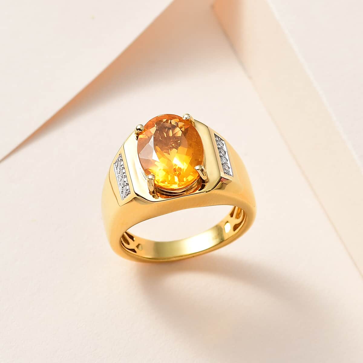 Premium Brazilian Fire Opal and Moissanite Men's Ring in Vermeil Yellow Gold Over Sterling Silver (Size 10.0) 4.30 ctw image number 1