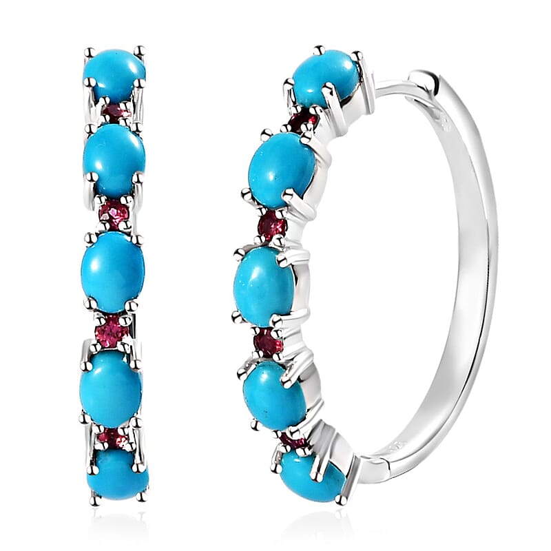 Premium Sleeping Beauty Turquoise and Ouro Fino Rubellite Earrings in Platinum Over Sterling Silver 3.65 ctw