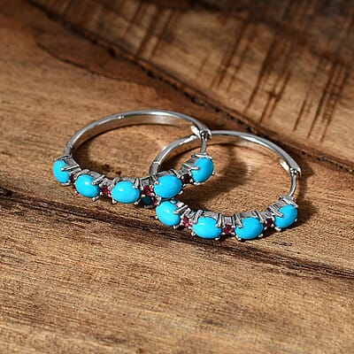 Premium Sleeping Beauty Turquoise and Ouro Fino Rubellite Earrings in Platinum Over Sterling Silver 3.65 ctw