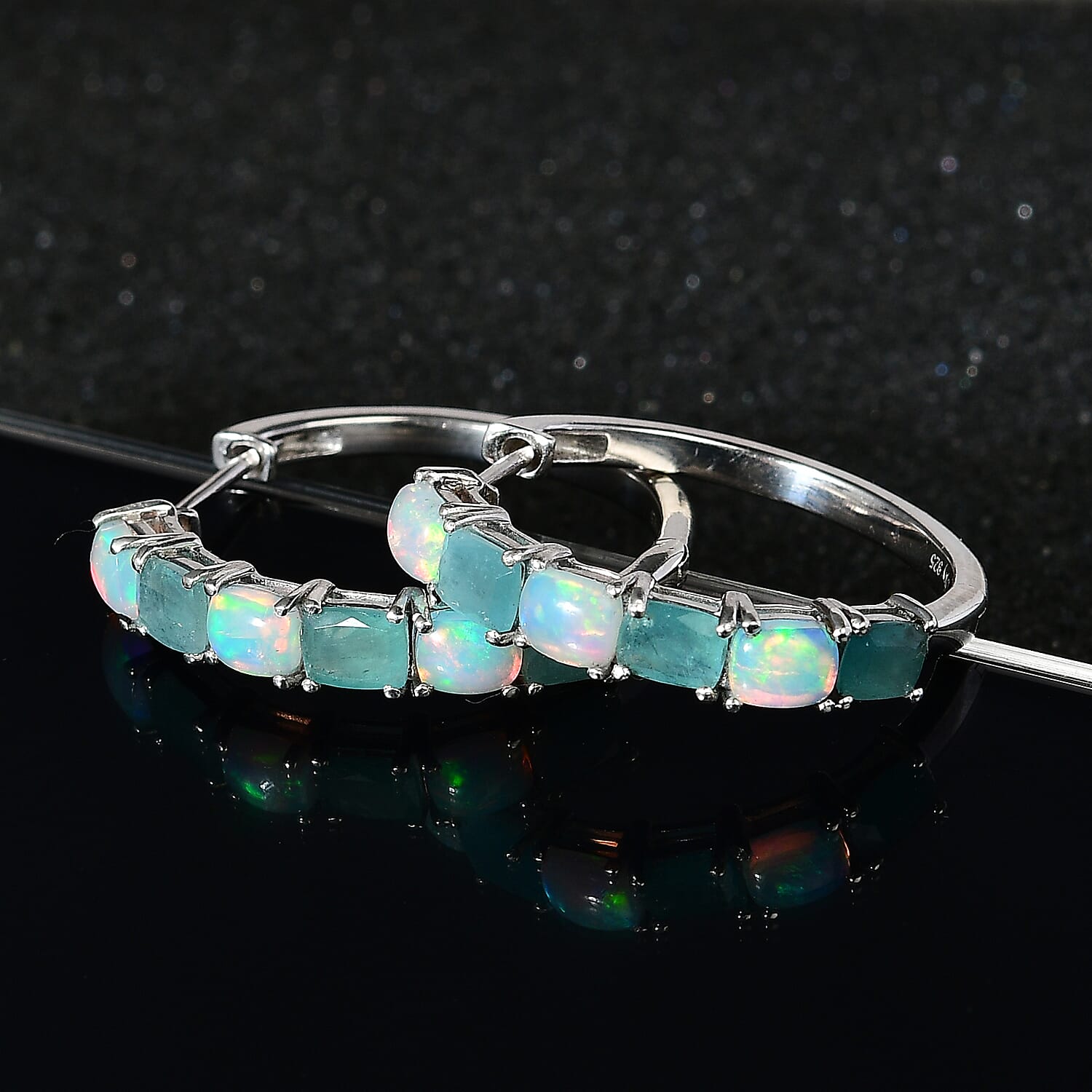 Premium Grandidierite and Ethiopian Welo Opal Hoop Earrings in Platinum Over Sterling Silver 4.10 ctw