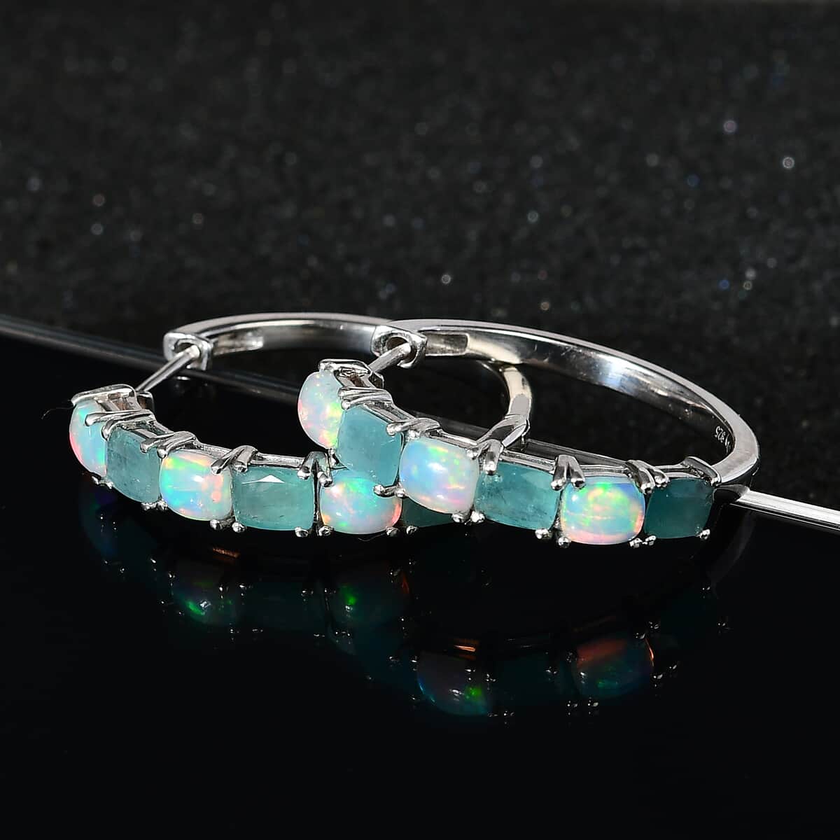 Premium Grandidierite and Ethiopian Welo Opal Hoop Earrings in Platinum Over Sterling Silver 4.10 ctw image number 2