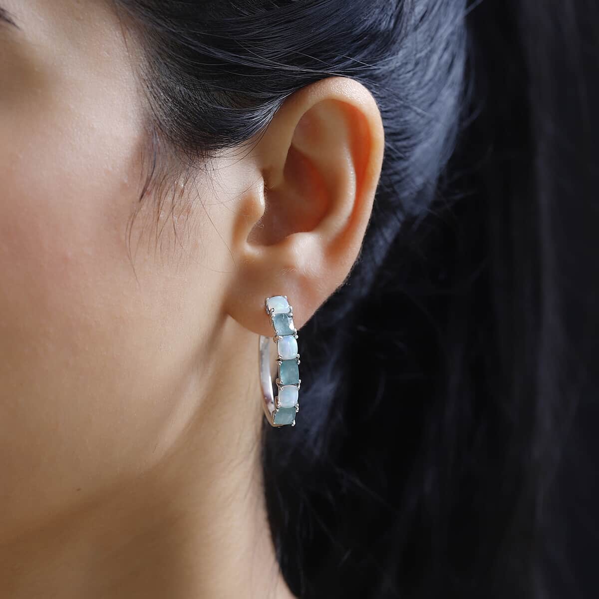 Premium Grandidierite and Ethiopian Welo Opal Hoop Earrings in Platinum Over Sterling Silver 4.10 ctw image number 3