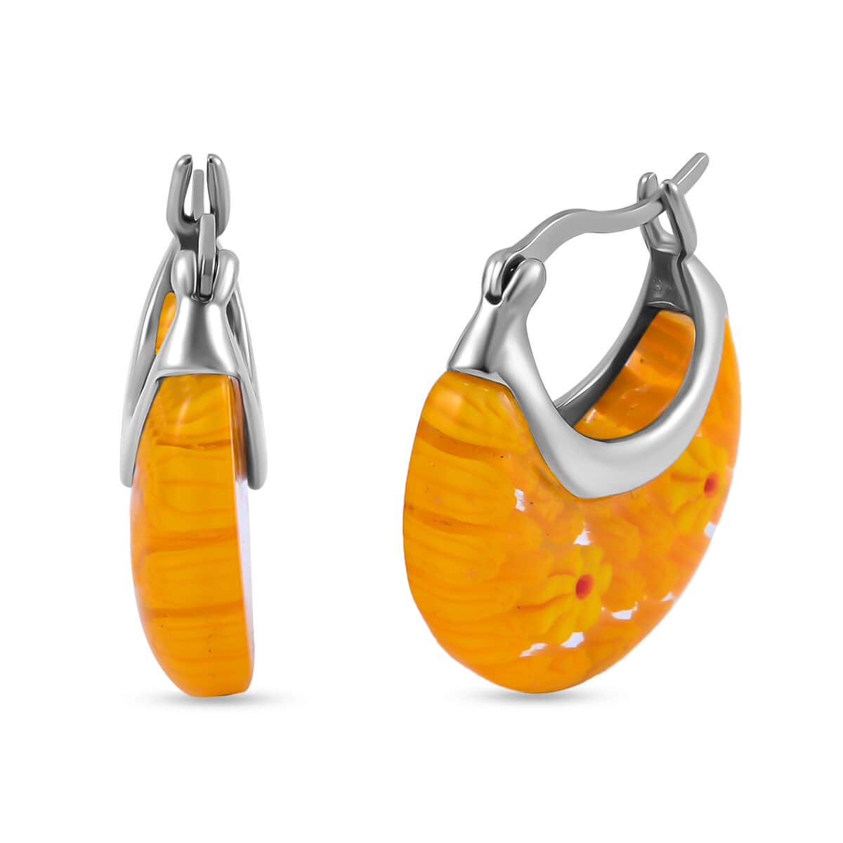 Yellow Color Murano Glass Hoop Earrings in Stainless Steel image number 0