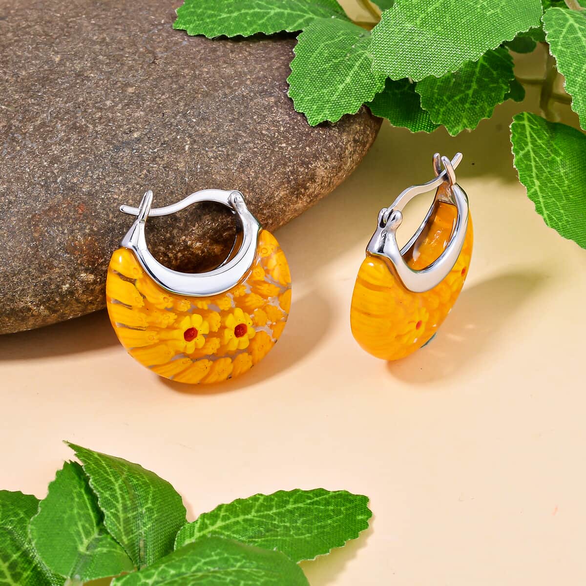 Yellow Color Murano Glass Hoop Earrings in Stainless Steel image number 1