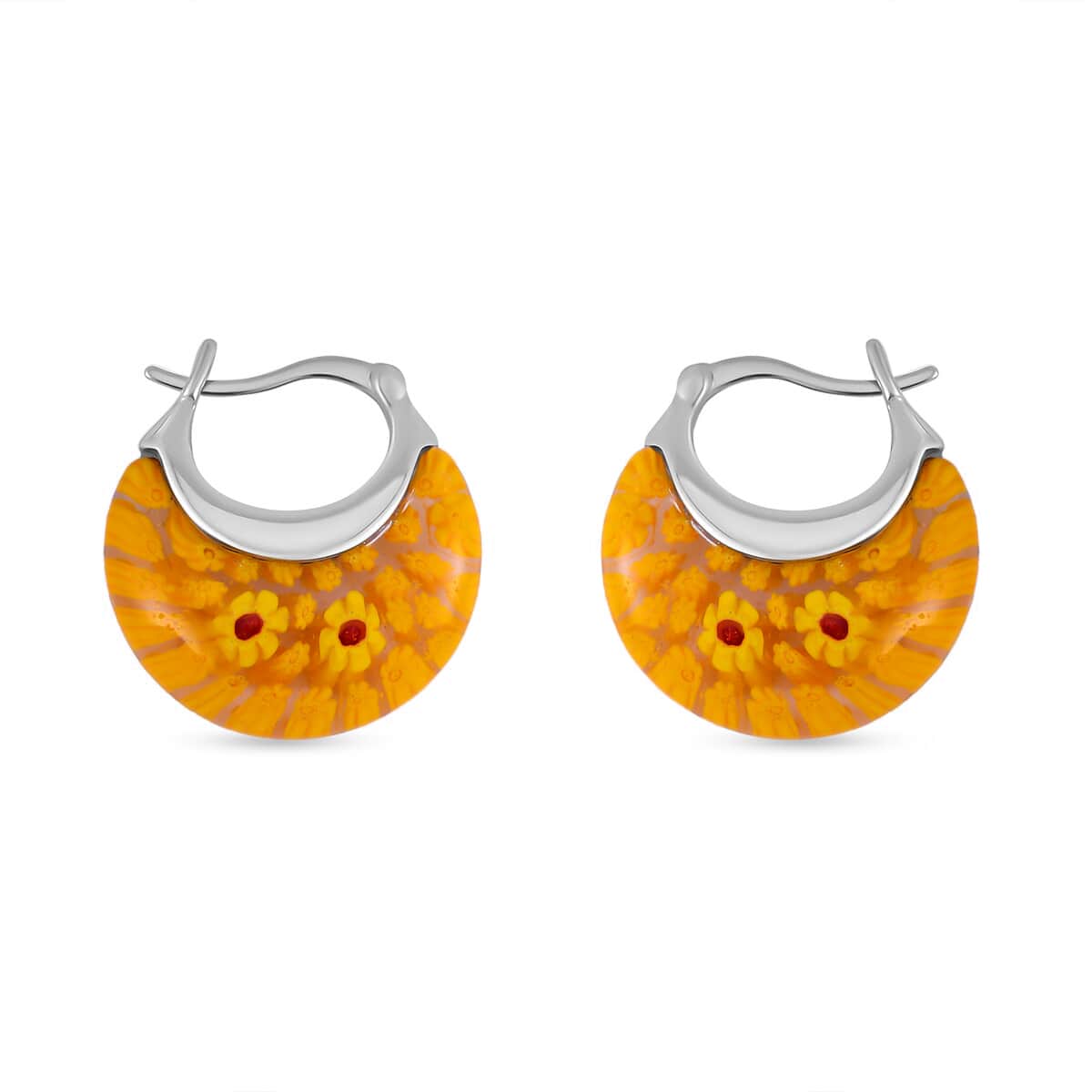 Yellow Color Murano Glass Hoop Earrings in Stainless Steel image number 3