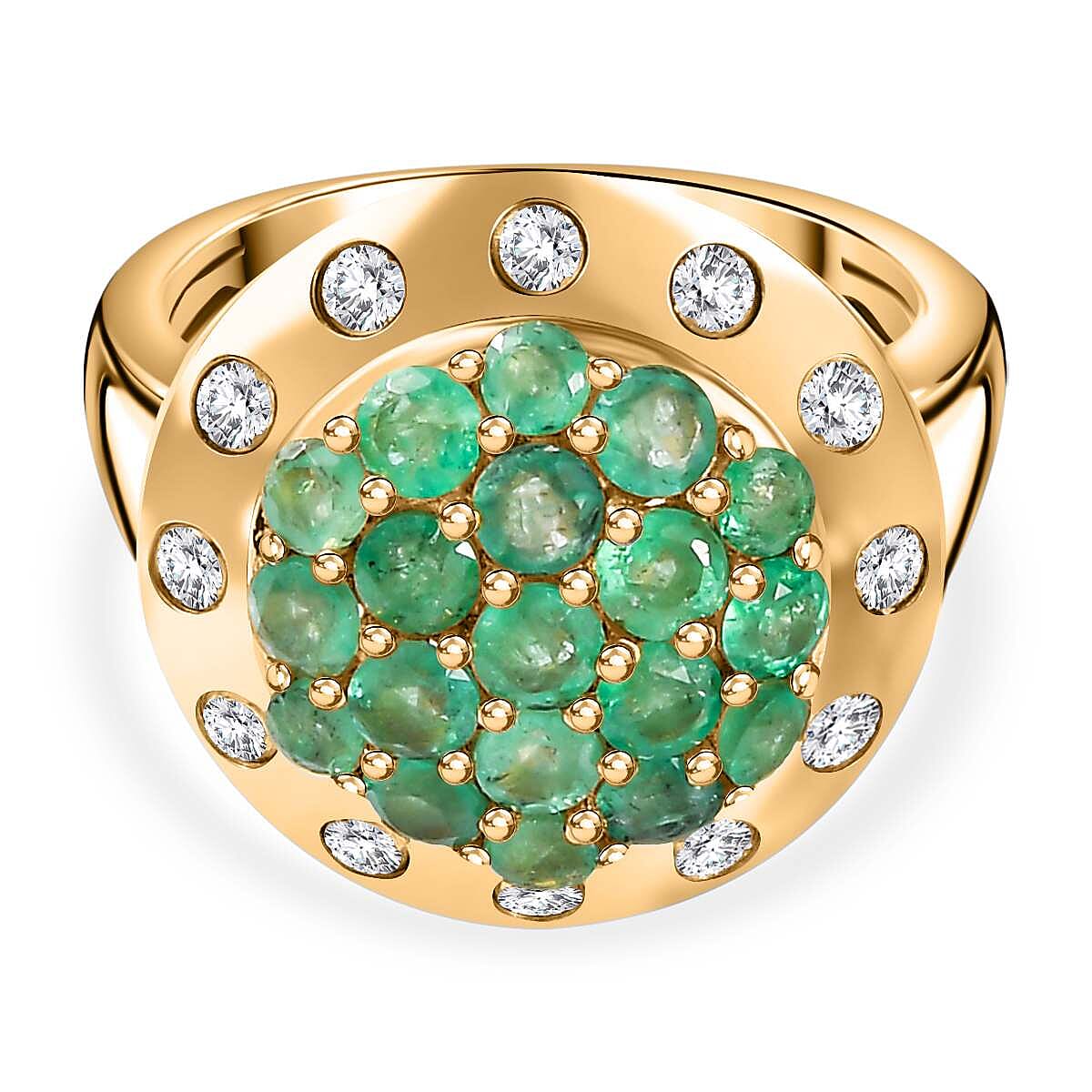 Zambian Emerald , White Zircon Cluster Ring in Vermeil YG Sterling Silver , Silver Wt. 6.12 g 2.77 ctw