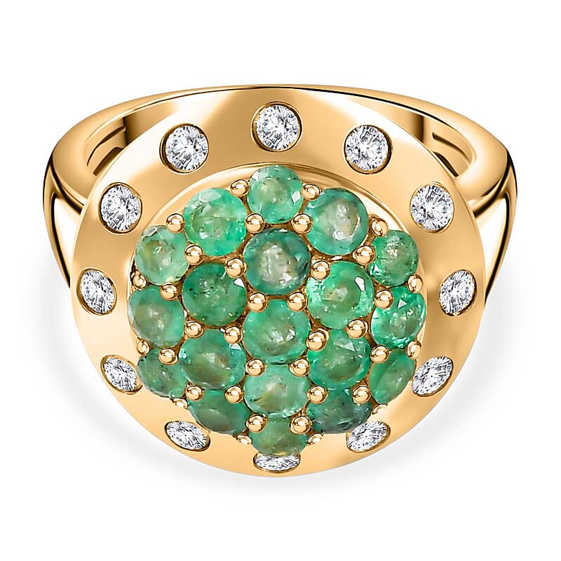 Zambian Emerald and White Zircon 2.77 ctw Ring in 18K Vermeil Yellow Gold Over Sterling Silver (Size 8.0)