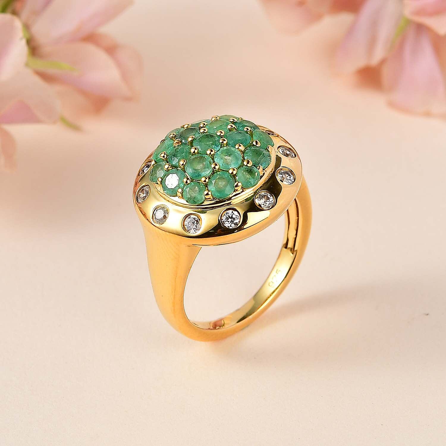 Zambian Emerald and White Zircon 2.77 ctw Ring in 18K Vermeil Yellow Gold Over Sterling Silver (Size 8.0)