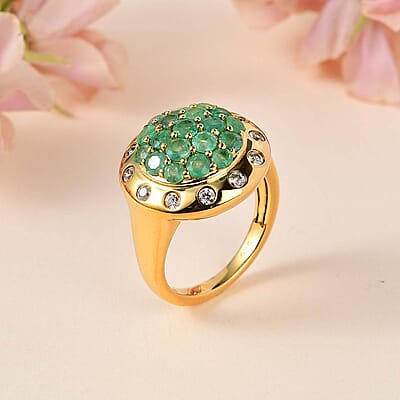 Zambian Emerald and White Zircon 2.77 ctw Ring in 18K Vermeil Yellow Gold Over Sterling Silver (Size 8.0)