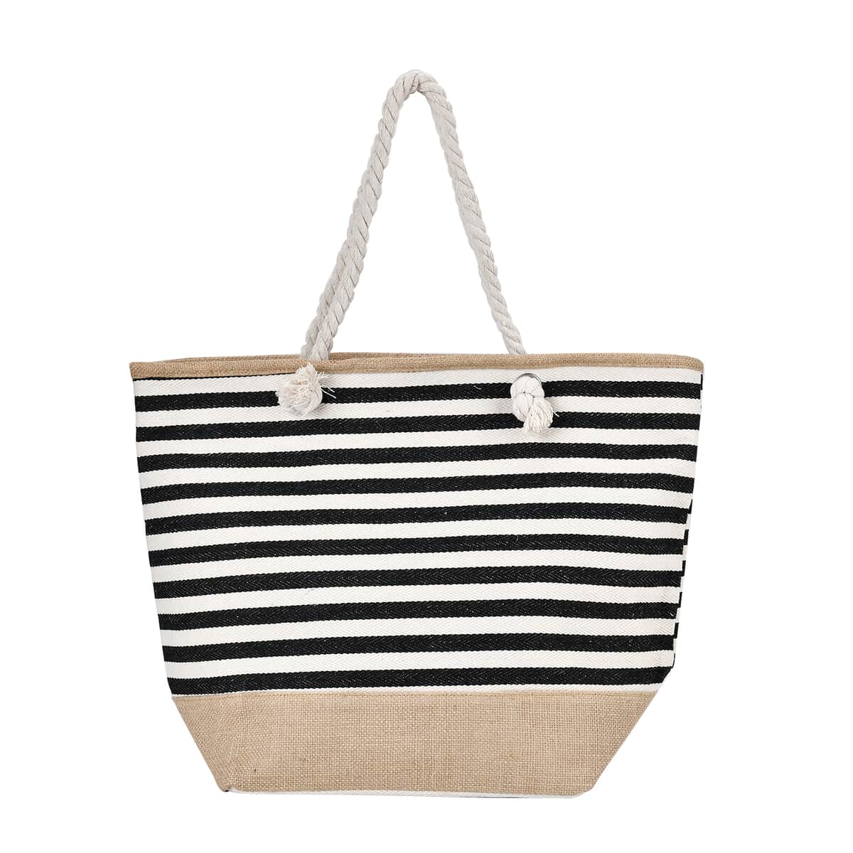 Black and White Stripes Polyester and Jute Tote Bag image number 0