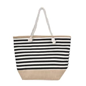 Black and White Stripes Polyester and Jute Tote Bag