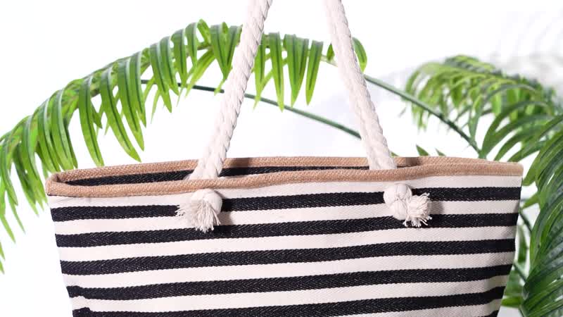 Black and White Stripes Polyester and Jute Tote Bag (12"x8.7"x15")