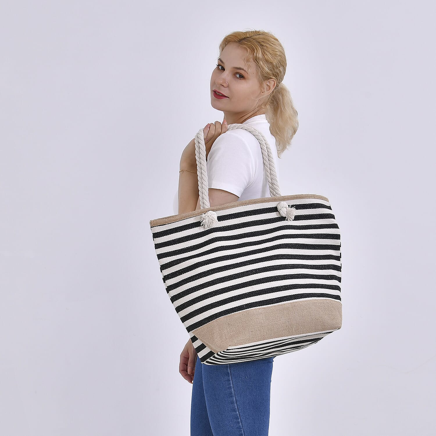 Black and White Stripes Polyester and Jute Tote Bag