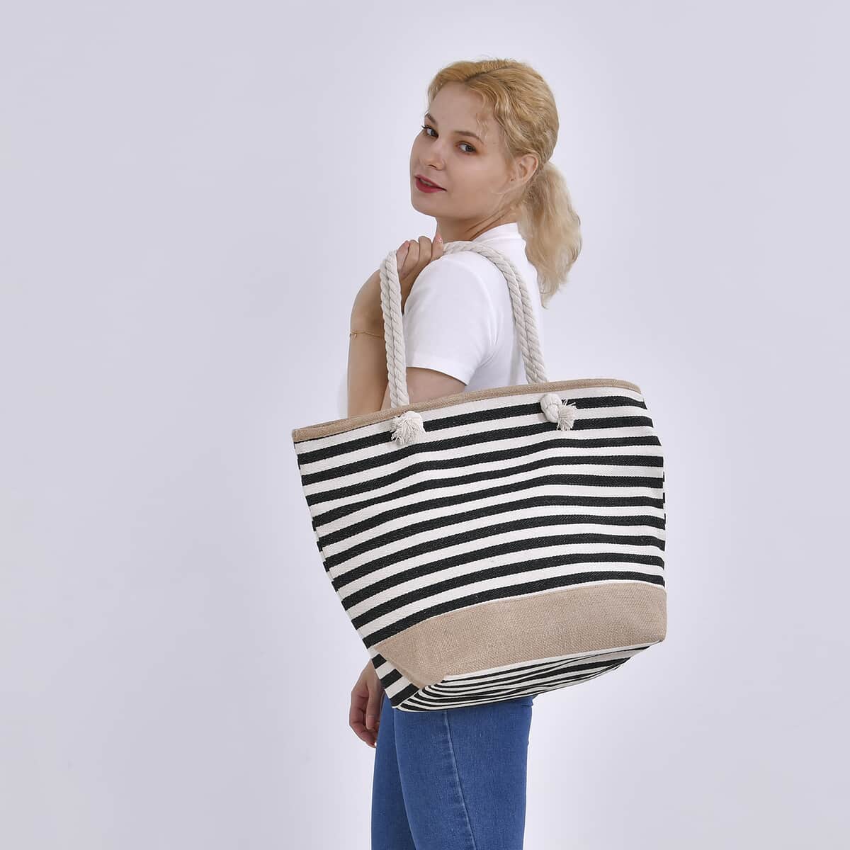 Black and White Stripes Polyester and Jute Tote Bag (12"x8.7"x15") image number 1