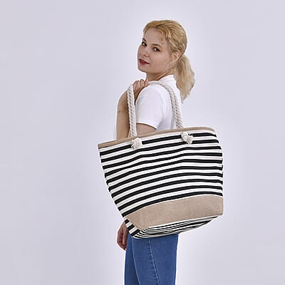 Black and White Stripes Polyester and Jute Tote Bag
