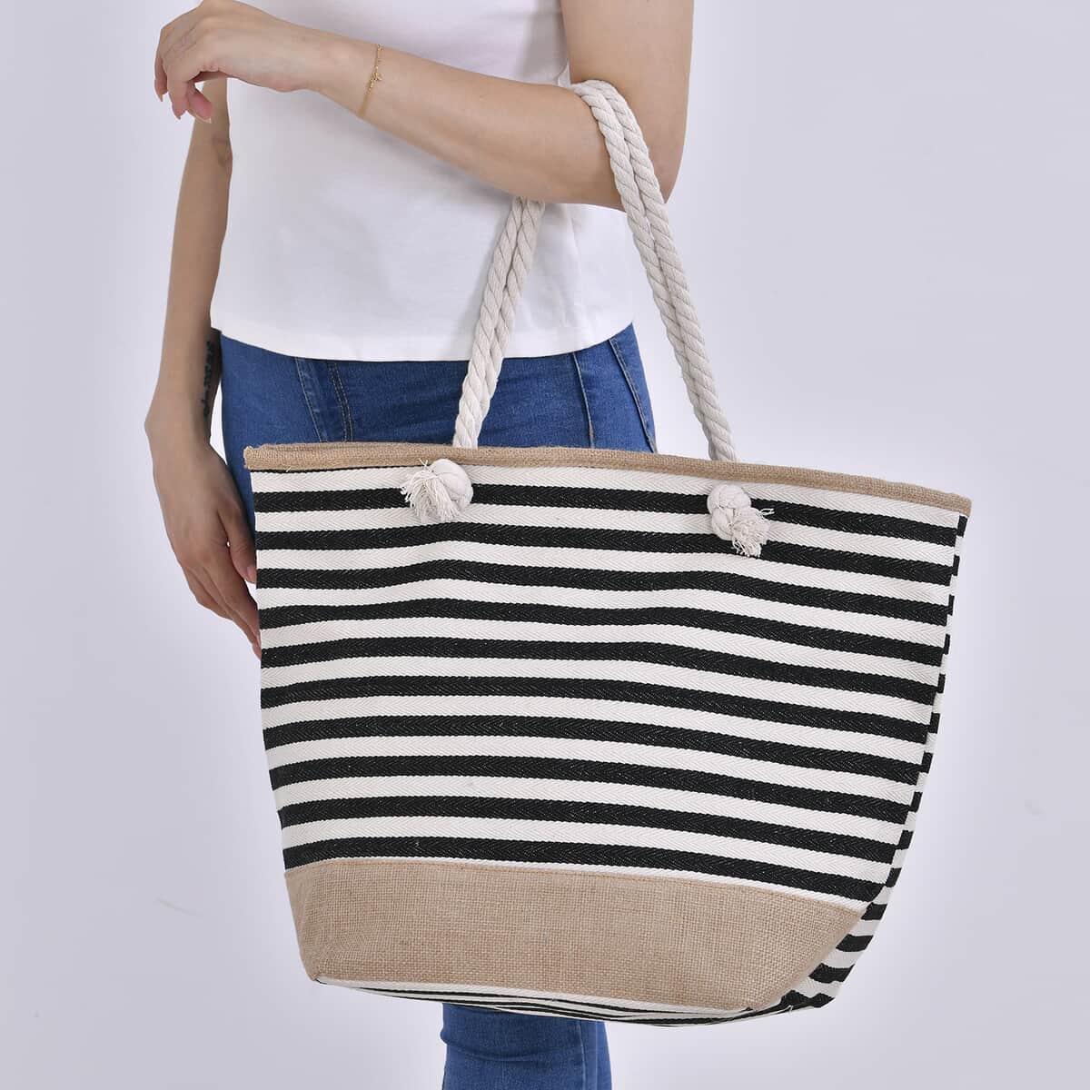 Black and White Stripes Polyester and Jute Tote Bag (12"x8.7"x15") image number 2