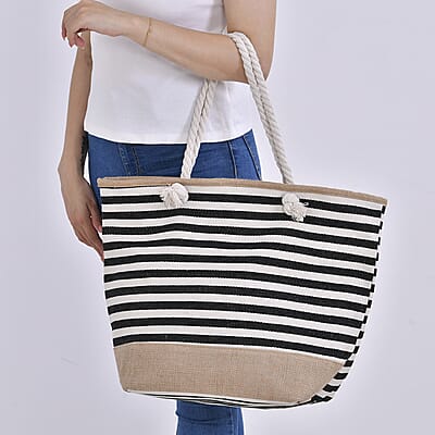 Black and White Stripes Polyester and Jute Tote Bag