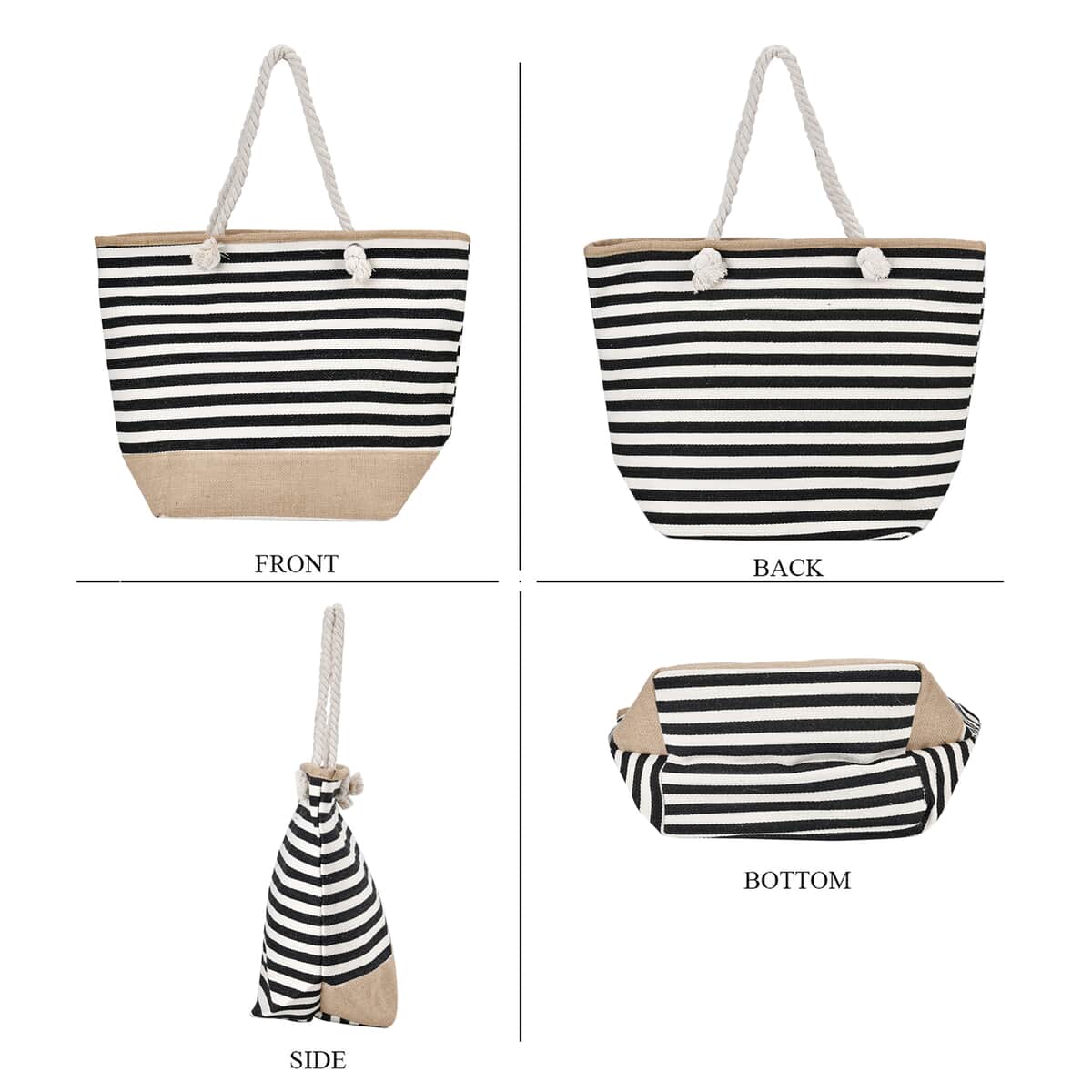 Black and White Stripes Polyester and Jute Tote Bag (12"x8.7"x15") image number 3