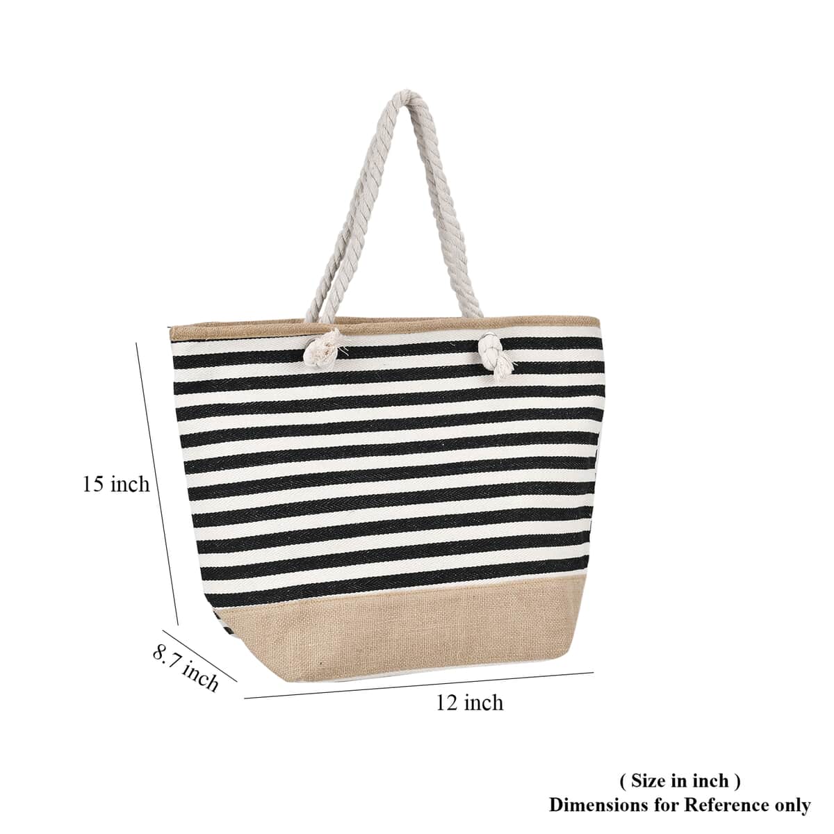 Black and White Stripes Polyester and Jute Tote Bag (12"x8.7"x15") image number 6