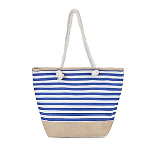 Blue and White Stripes Polyester and Jute Tote Bag