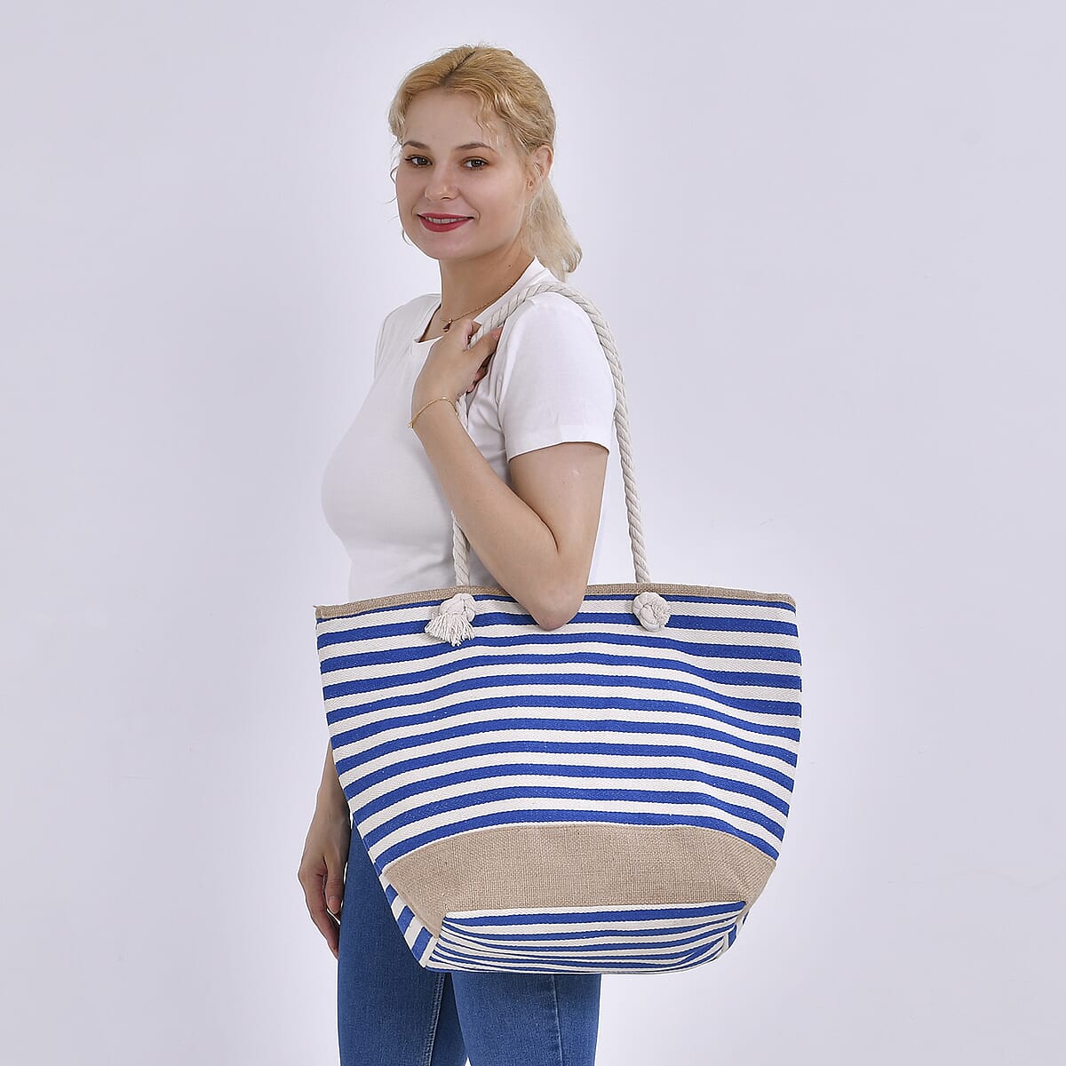 Blue and White Stripes Polyester and Jute Tote Bag image number 1