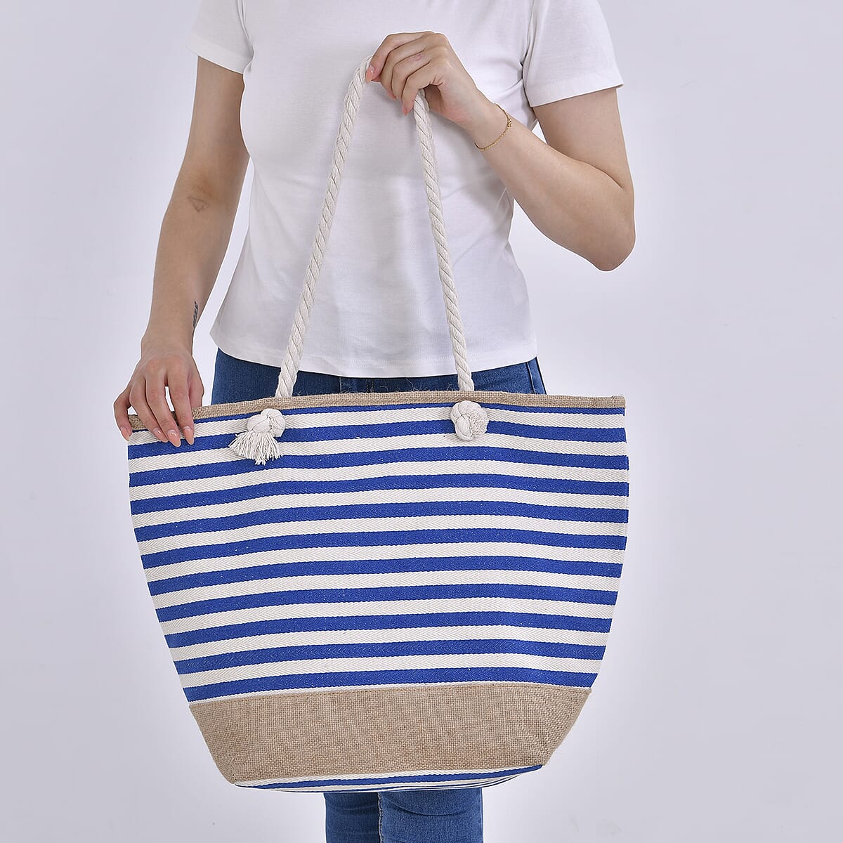 Blue and White Stripes Polyester and Jute Tote Bag image number 2