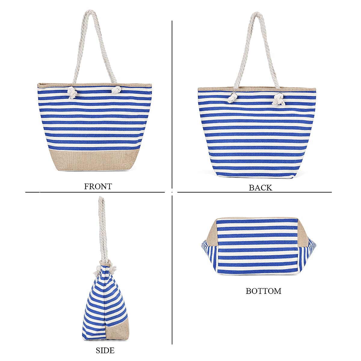 Blue and White Stripes Polyester and Jute Tote Bag image number 3