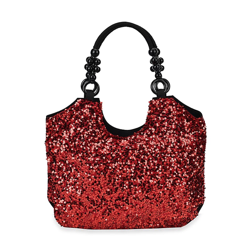 Sparkling Red Sequin Tote Bag with Wooden Bead Handle