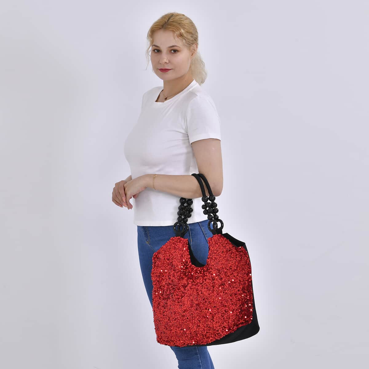 Sparkling Red Sequin Tote Bag with Wooden Bead Handle image number 1