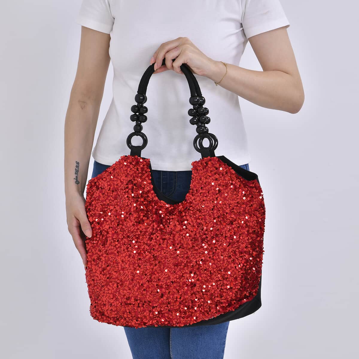 Sparkling Red Sequin Tote Bag with Wooden Bead Handle image number 2