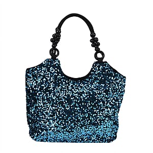 Sparkling Teal Sequin Tote Bag with Wooden Bead Handle