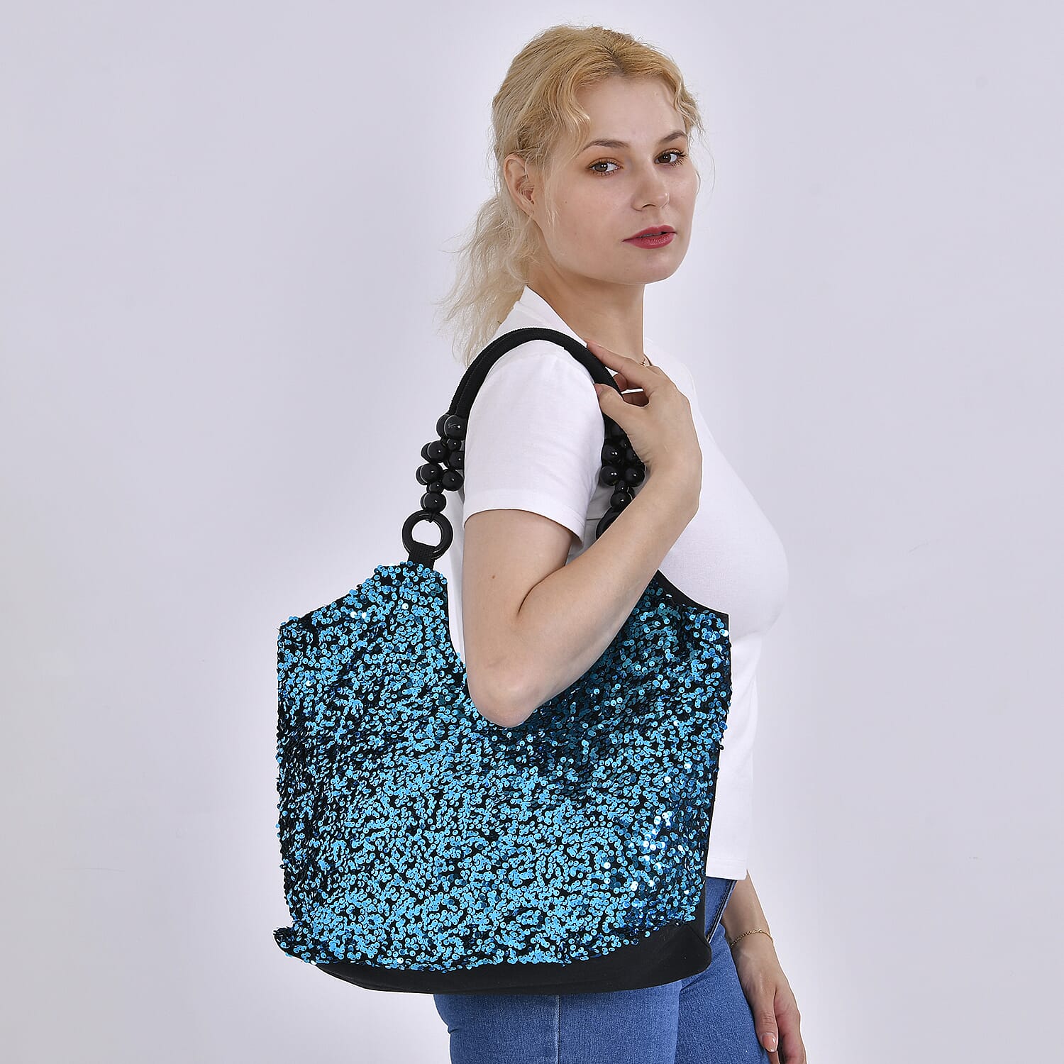 Buy Sparkling Teal Sequin Tote Bag with Wooden Bead Handle