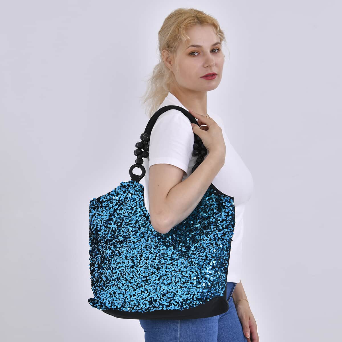 Sparkling Teal Sequin Tote Bag with Wooden Bead Handle image number 1